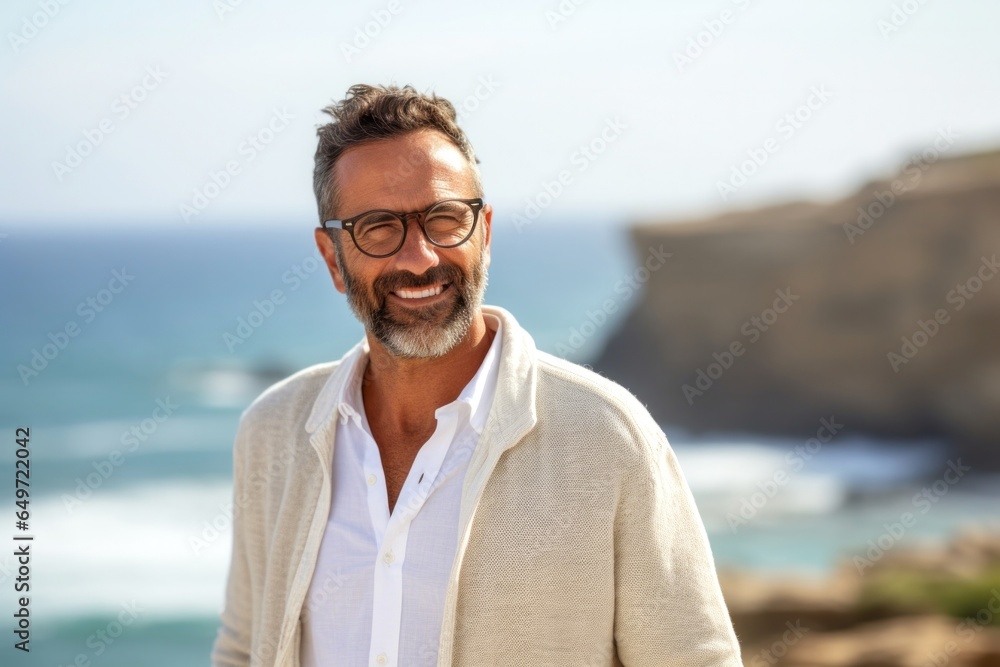Portrait of a confident Israeli man in his 40s wearing a chic cardigan against a beach background