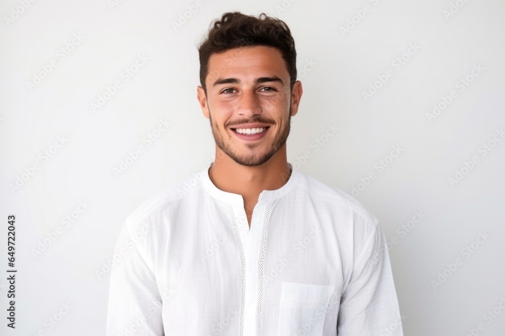medium shot portrait of a confident Mexican man in his 20s wearing a simple tunic against a white background medium shot portrait of a confident Mexican man in his 20s wearing a simple tunic against a white background