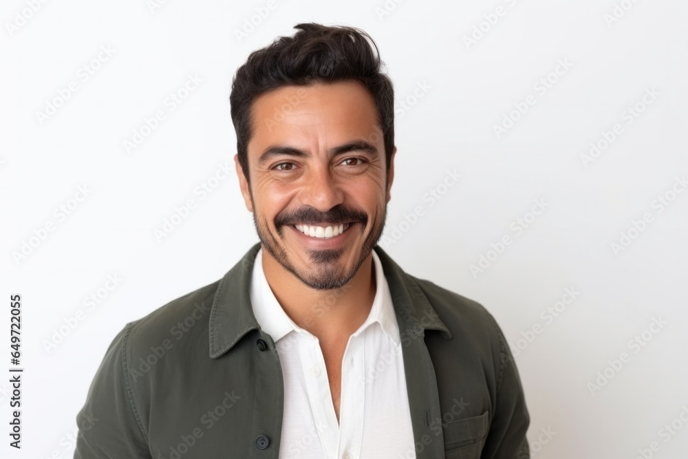 medium shot portrait of a confident Mexican man in his 30s wearing a chic cardigan against a white background medium shot portrait of a confident Mexican man in his 30s wearing a chic cardigan against a white background