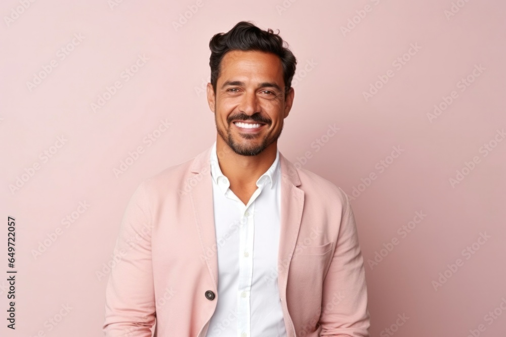 medium shot portrait of a confident Mexican man in his 30s wearing a chic cardigan against a pastel or soft colors background medium shot portrait of a confident Mexican man in his 30s wearing a chic cardigan against a pastel or soft colors background