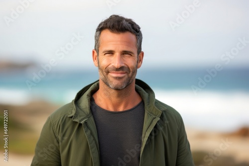 Portrait of a confident Israeli man in his 40s wearing a chic cardigan against a beach background