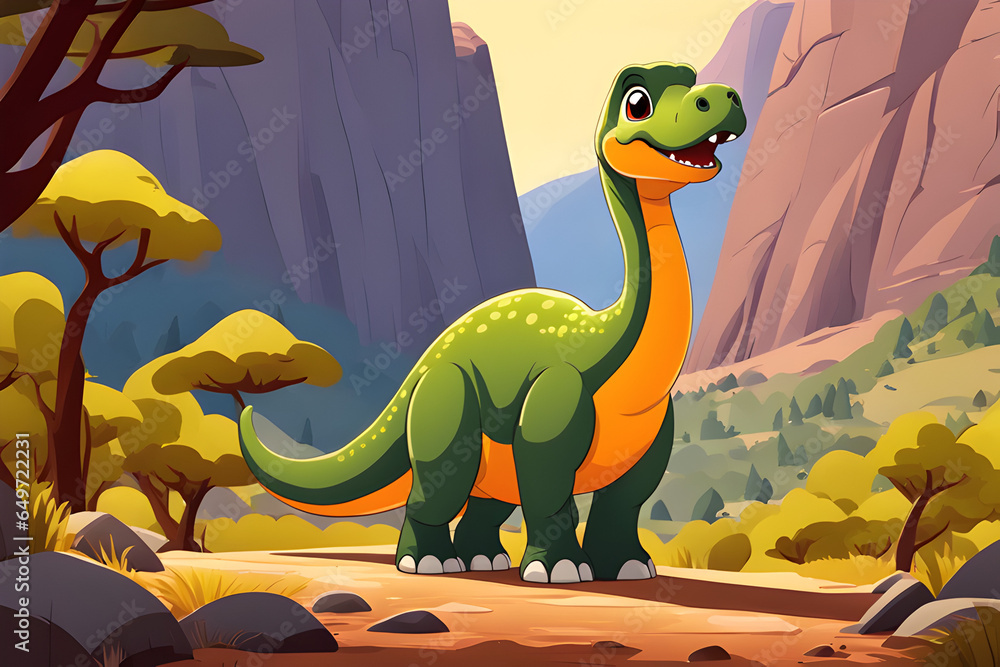 Naklejka premium Green dinosaur with orange belly in desert landscape