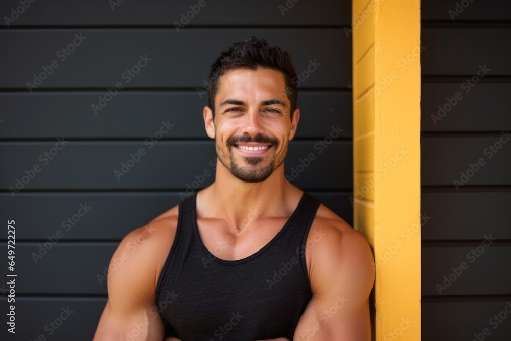 medium shot portrait of a confident Mexican man in his 30s wearing a sporty tank top against an abstract background medium shot portrait of a confident Mexican man in his 30s wearing a sporty tank top against an abstract background