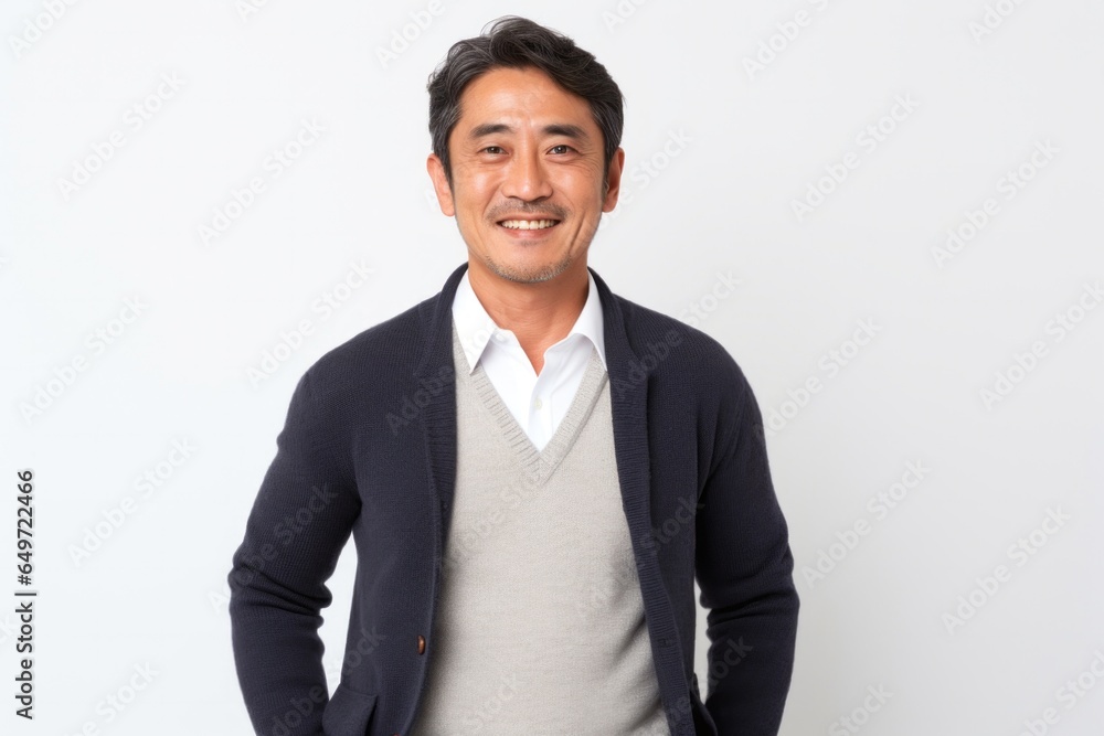 Portrait of a confident Japanese man in his 40s wearing a chic cardigan against a white background Portrait of a confident Japanese man in his 40s wearing a chic cardigan against a white background