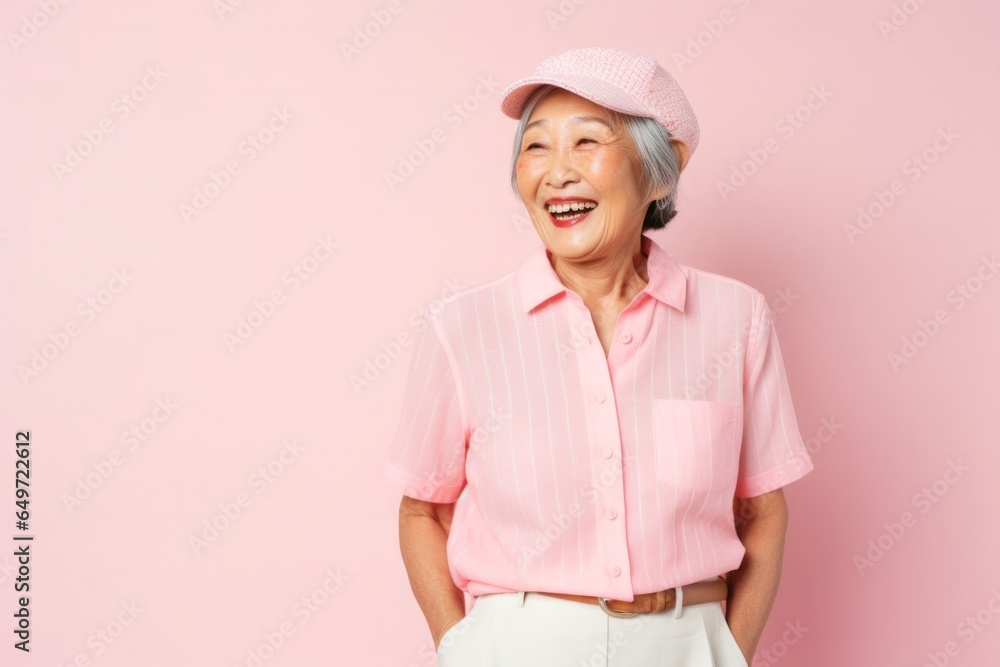 Portrait of a confident Japanese woman in her 90s wearing knee-length shorts against a pastel or soft colors background Portrait of a confident Japanese woman in her 90s wearing knee-length shorts against a pastel or soft colors background