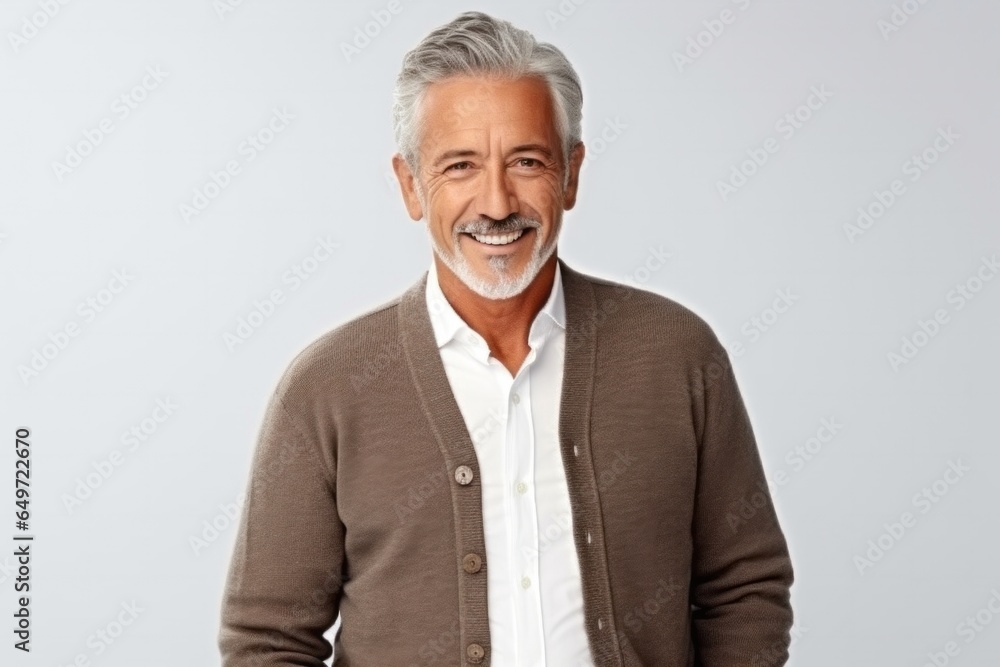 medium shot portrait of a confident Mexican man in his 60s wearing a chic cardigan against a white background medium shot portrait of a confident Mexican man in his 60s wearing a chic cardigan against a white background