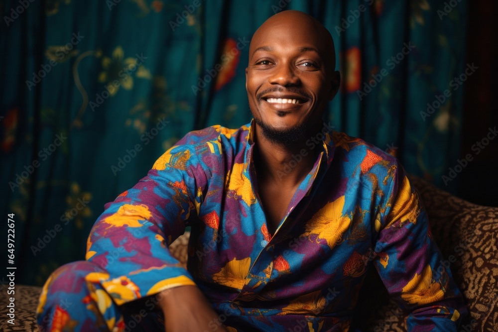 Portrait of a confident Kenyan man in his 30s wearing a snuggly pajama set against an abstract background