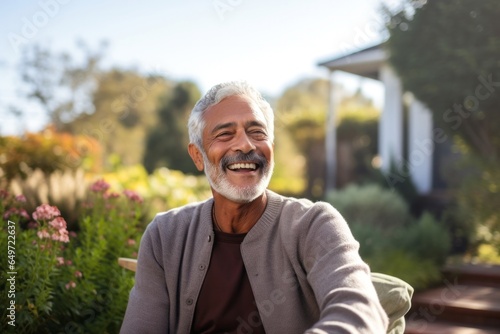 medium shot portrait of a confident Mexican man in his 60s wearing a chic cardigan against a white background