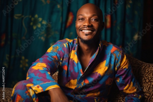 Obraz na płótnie Portrait of a confident Kenyan man in his 30s wearing a snuggly pajama set against an abstract background w salonie