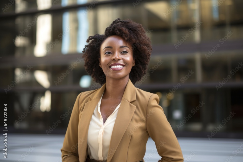 Portrait of a confident Kenyan woman in her 30s wearing a classic blazer against a modern architectural background Portrait of a confident Kenyan woman in her 30s wearing a classic blazer against a modern architectural background