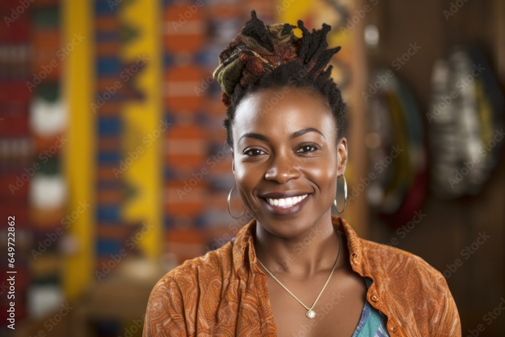 Portrait of a confident Kenyan woman in her 30s wearing a chic cardigan against an abstract background Portrait of a confident Kenyan woman in her 30s wearing a chic cardigan against an abstract background