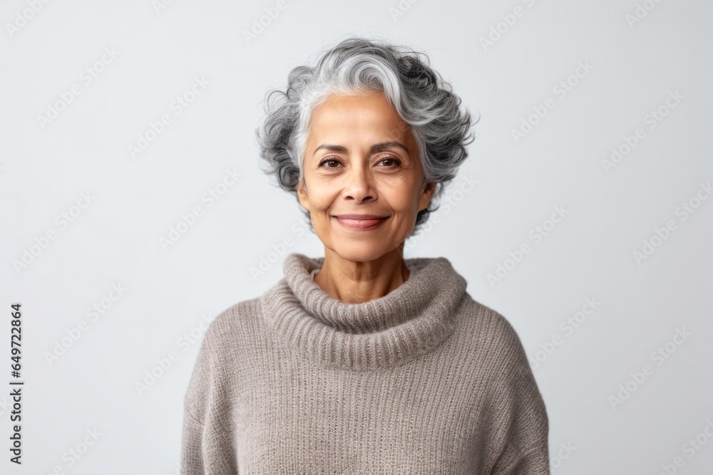 medium shot portrait of a confident Mexican woman in her 60s wearing a cozy sweater against a white background