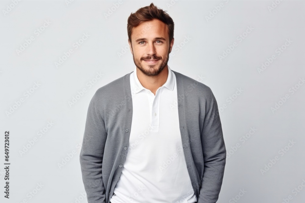 medium shot portrait of a confident Polish man in his 30s wearing a chic cardigan against a white background