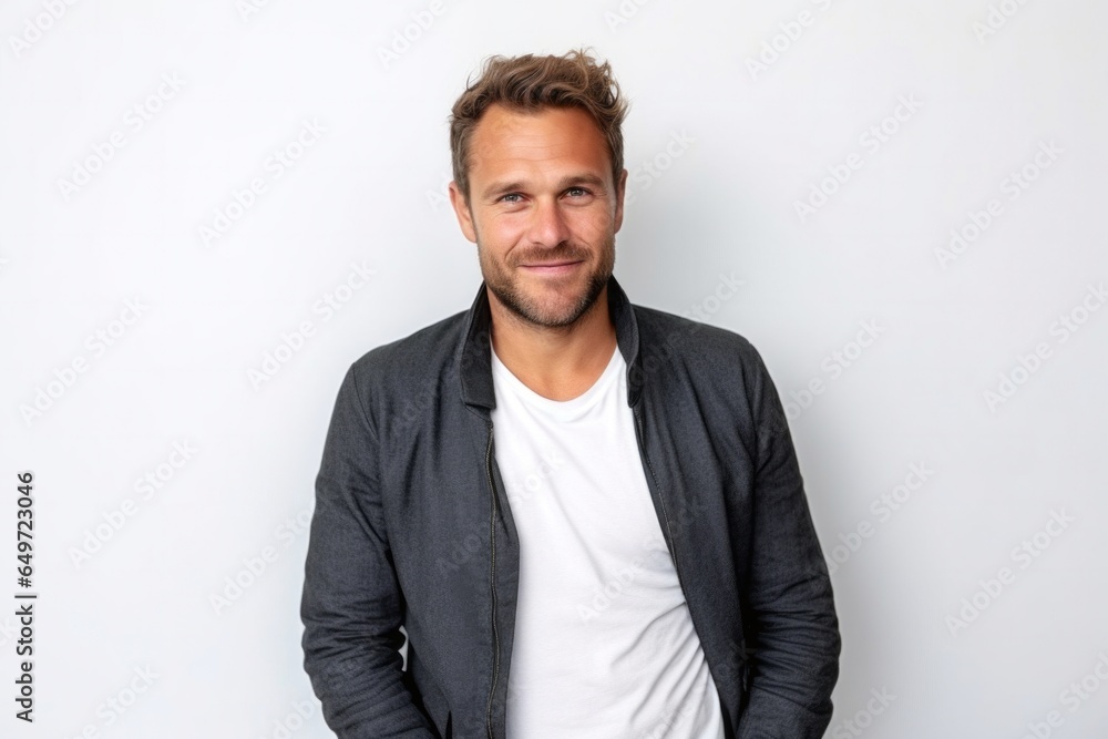medium shot portrait of a confident Polish man in his 30s wearing a chic cardigan against a white background medium shot portrait of a confident Polish man in his 30s wearing a chic cardigan against a white background