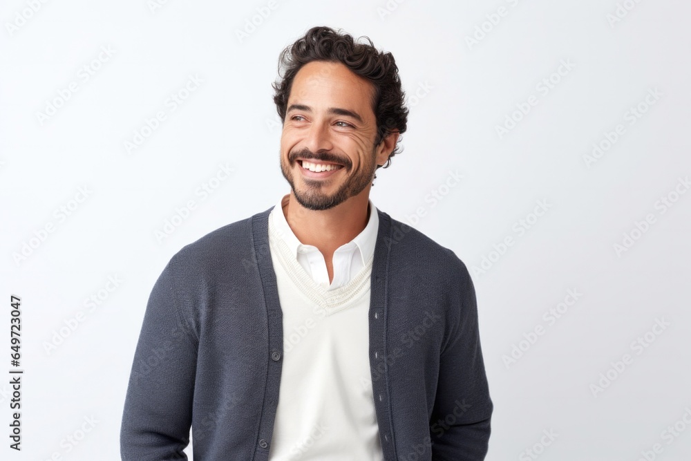 Portrait of a confident Mexican man in his 30s wearing a chic cardigan against a white background Portrait of a confident Mexican man in his 30s wearing a chic cardigan against a white background
