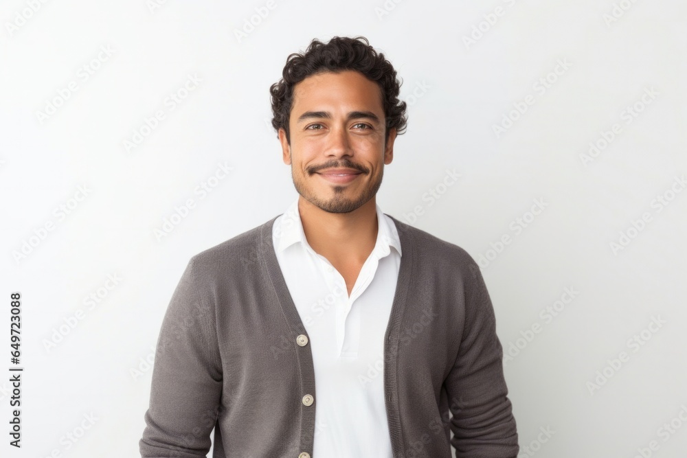 Portrait of a confident Mexican man in his 30s wearing a chic cardigan against a white background Portrait of a confident Mexican man in his 30s wearing a chic cardigan against a white background