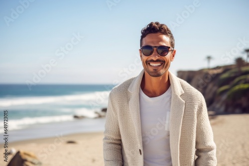 Portrait of a confident Mexican man in his 30s wearing a chic cardigan against a beach background