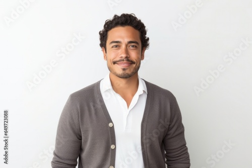 Portrait of a confident Mexican man in his 30s wearing a chic cardigan against a white background