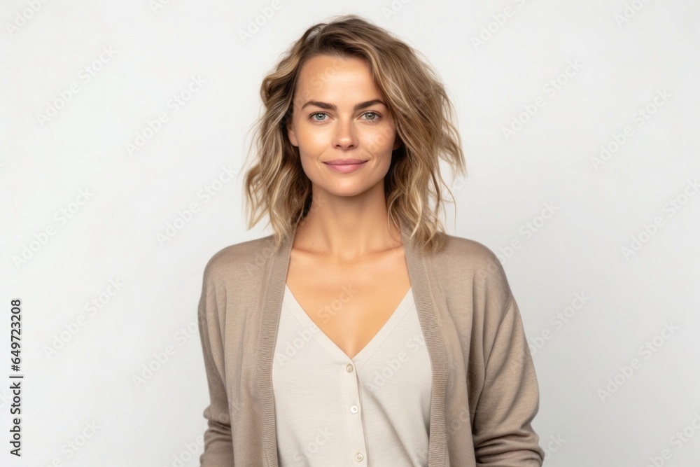 medium shot portrait of a confident Polish woman in her 30s wearing a chic cardigan against a white background medium shot portrait of a confident Polish woman in her 30s wearing a chic cardigan against a white background