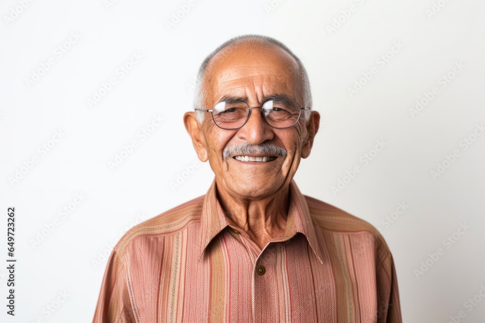 Portrait of a confident Mexican man in his 90s wearing a simple tunic against a minimalist or empty room background Portrait of a confident Mexican man in his 90s wearing a simple tunic against a minimalist or empty room background