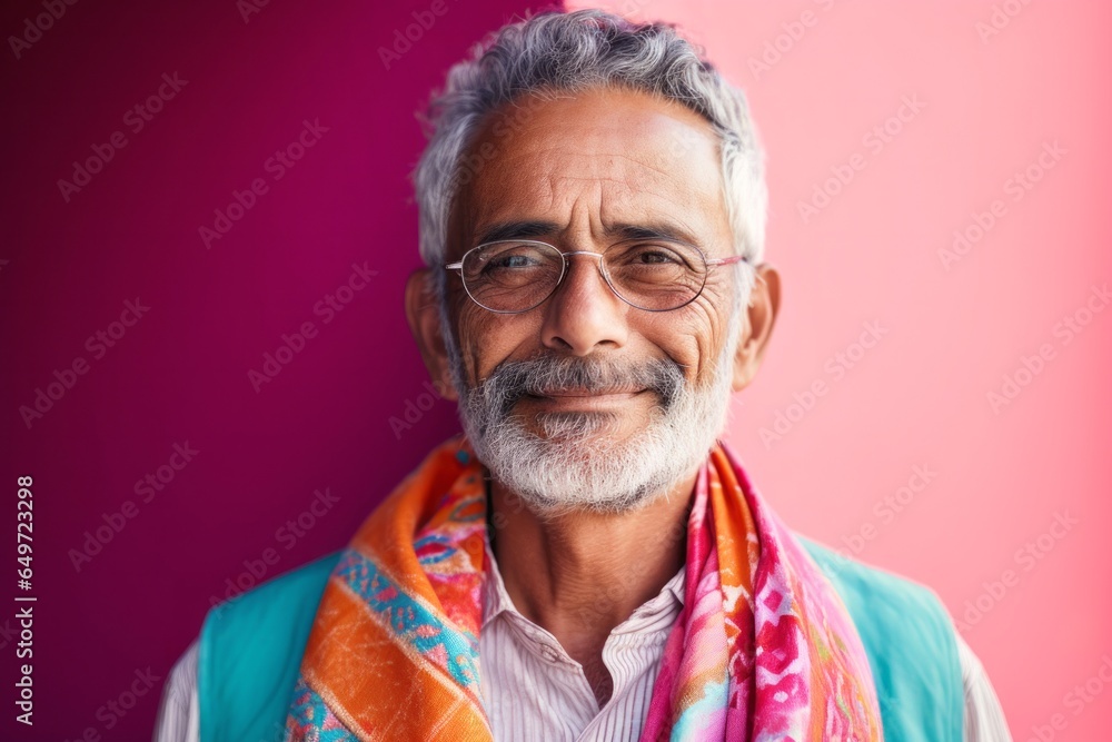 Portrait of a confident Mexican man in his 80s wearing a foulard against an abstract background Portrait of a confident Mexican man in his 80s wearing a foulard against an abstract background