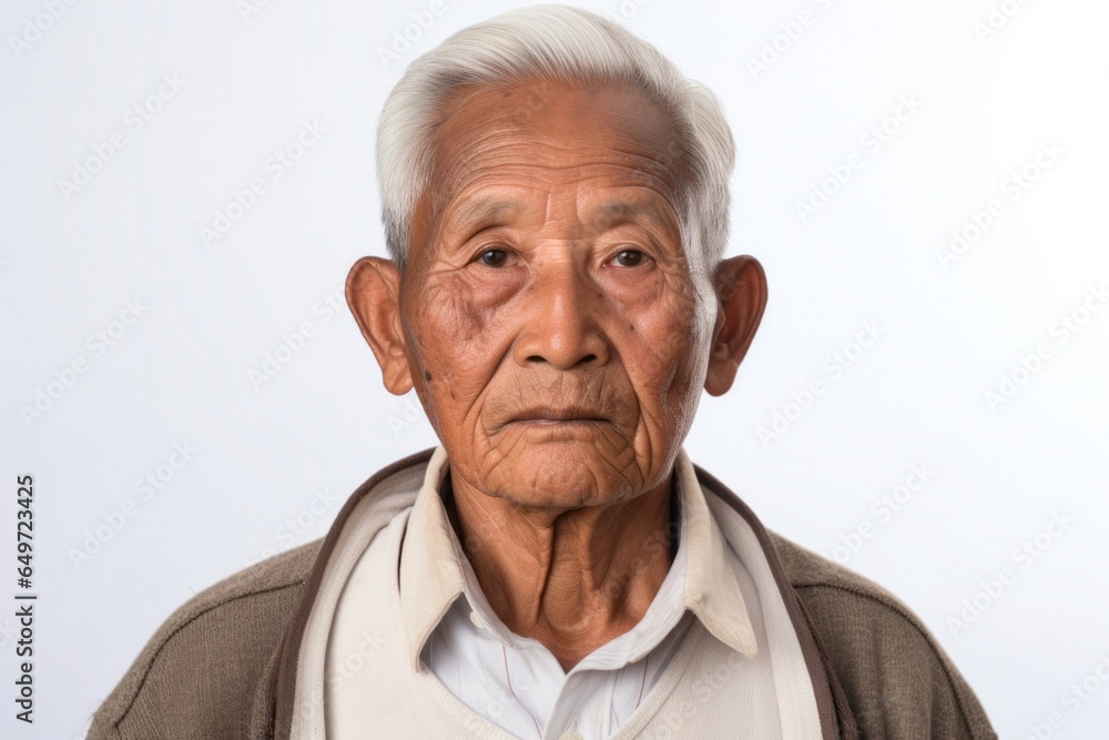 medium shot portrait of a serious, 100-year-old elderly Filipino man wearing a chic cardigan against a white background medium shot portrait of a serious, 100-year-old elderly Filipino man wearing a chic cardigan against a white background
