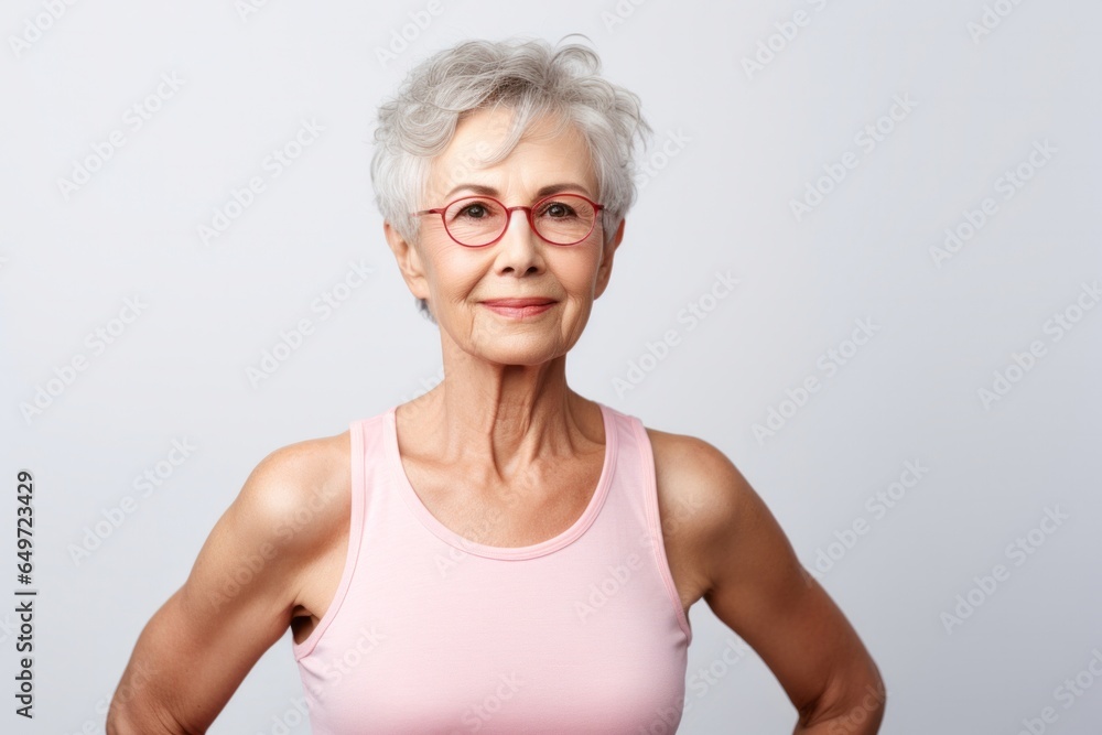medium shot portrait of a confident Polish woman in her 90s wearing a sporty tank top against a white background