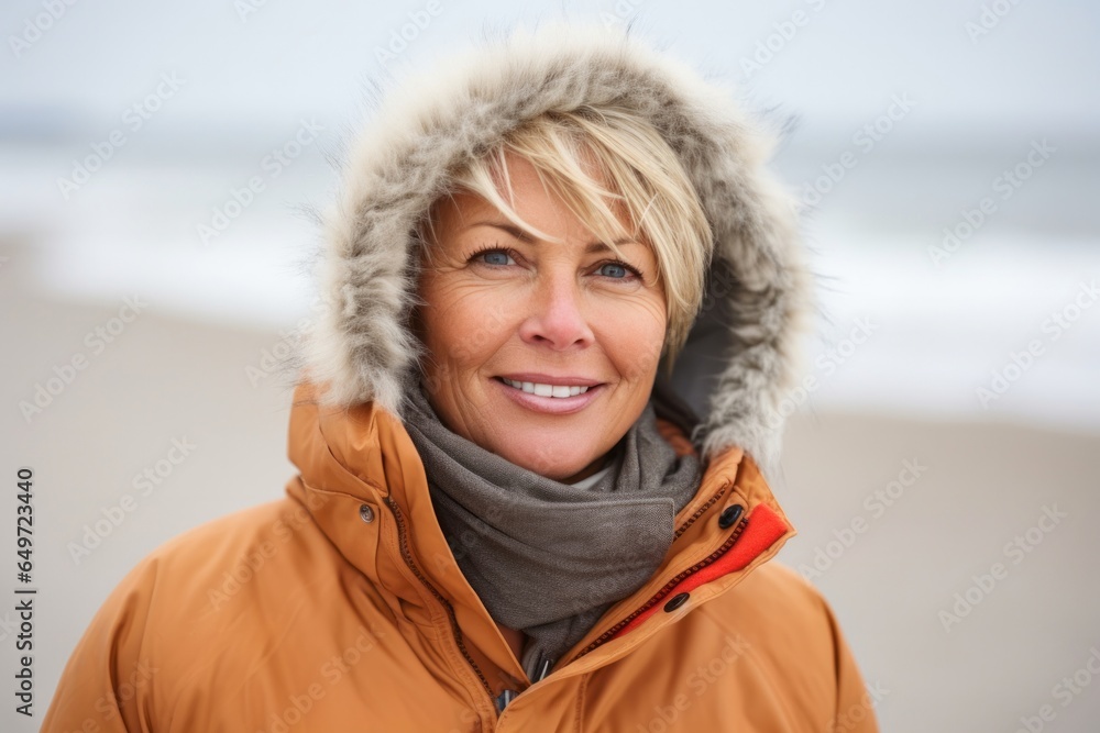 medium shot portrait of a confident Polish woman in her 50s wearing a warm parka against a beach background medium shot portrait of a confident Polish woman in her 50s wearing a warm parka against a beach background