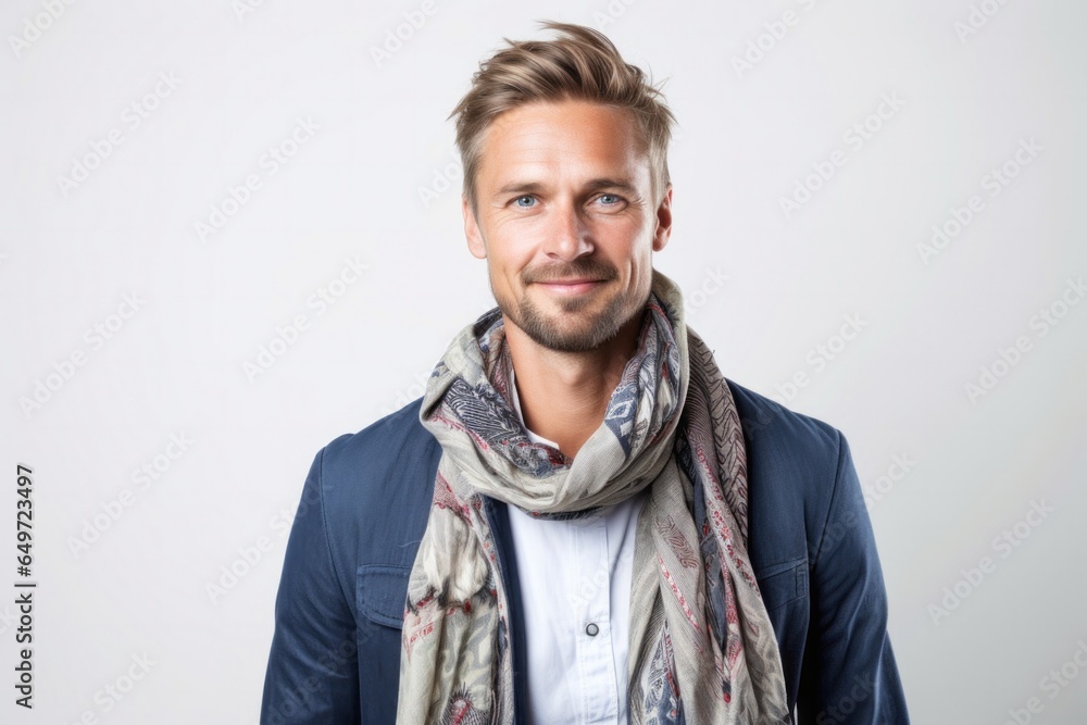 Portrait of a confident Polish man in his 30s wearing a foulard against a white background Portrait of a confident Polish man in his 30s wearing a foulard against a white background