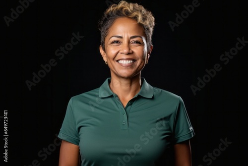 Portrait of a confident Mexican woman in her 50s wearing a sporty polo shirt against a white background
