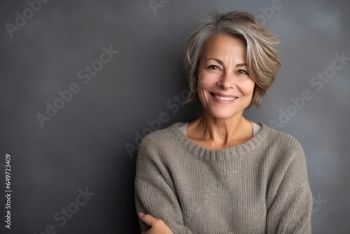 medium shot portrait of a confident Polish woman in her 50s wearing a cozy sweater against an abstract background