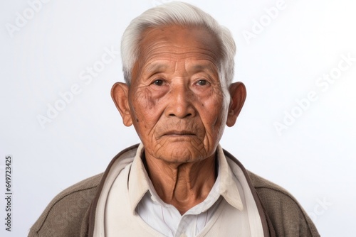 medium shot portrait of a serious, 100-year-old elderly Filipino man wearing a chic cardigan against a white background © Leon Waltz