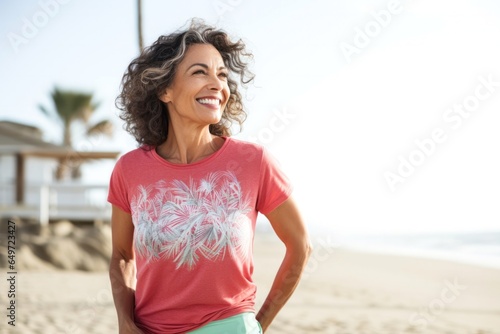 Portrait of a confident Mexican woman in her 50s wearing knee-length shorts against a beach background