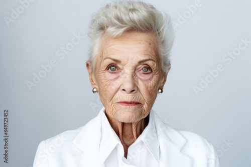 medium shot portrait of a serious, 100-year-old elderly Polish woman wearing a classic blazer against a white background photo