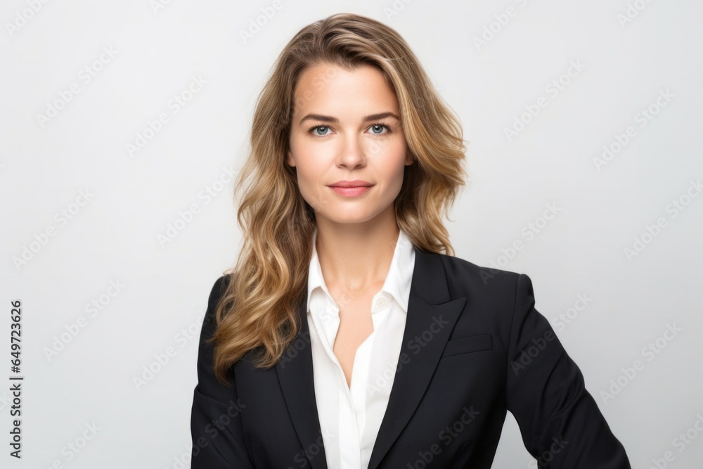 Portrait of a confident Polish woman in her 30s wearing a sleek suit against a white background Portrait of a confident Polish woman in her 30s wearing a sleek suit against a white background