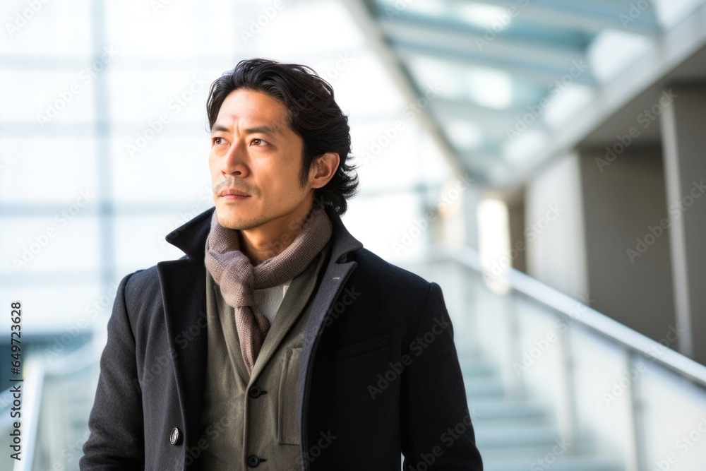 medium shot portrait of a serious, Japanese man in his 40s wearing a chic cardigan against a modern architectural background medium shot portrait of a serious, Japanese man in his 40s wearing a chic cardigan against a modern architectural background