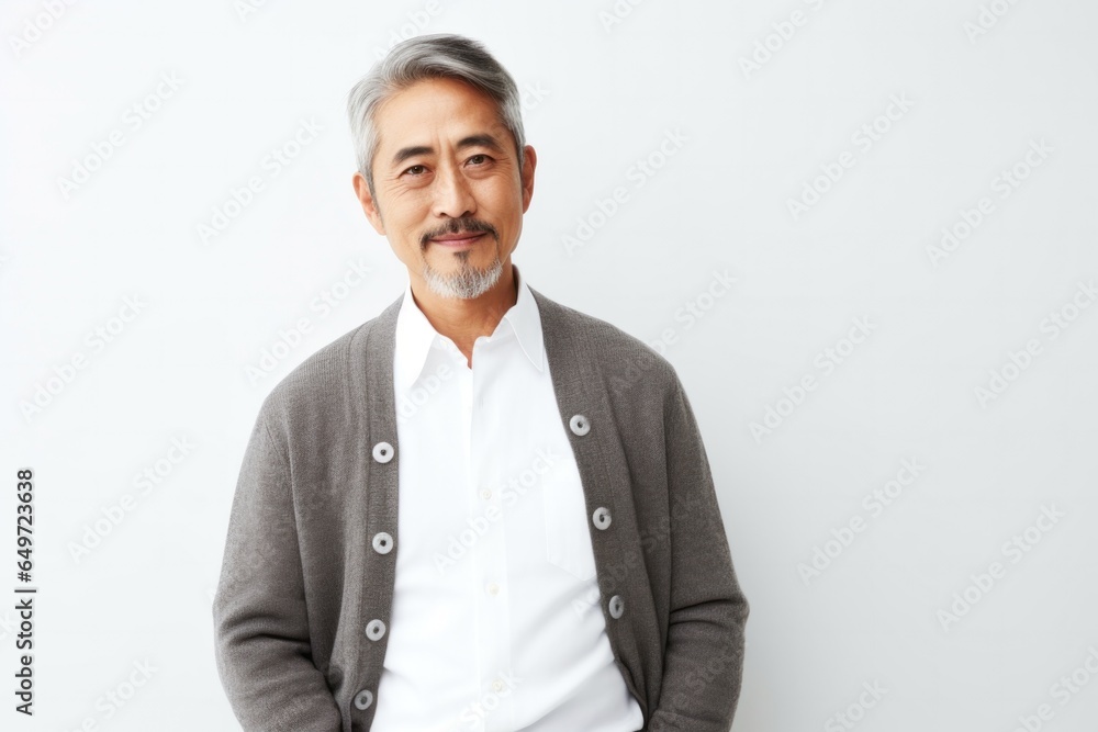 medium shot portrait of a serious, Japanese man in his 50s wearing a chic cardigan against a white background medium shot portrait of a serious, Japanese man in his 50s wearing a chic cardigan against a white background
