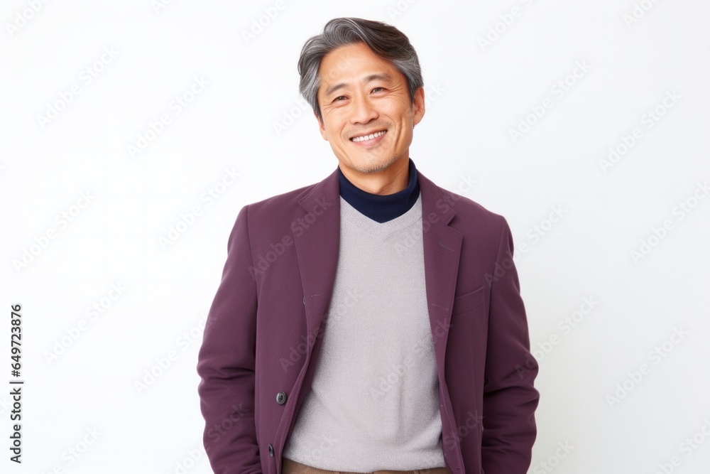 Portrait of a Japanese man in his 50s wearing a chic cardigan against a white background Portrait of a Japanese man in his 50s wearing a chic cardigan against a white background
