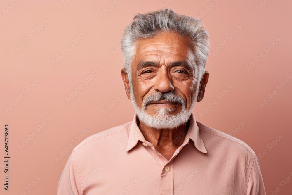 medium shot portrait of a serious, Mexican man in his 70s wearing a chic cardigan against a pastel or soft colors background medium shot portrait of a serious, Mexican man in his 70s wearing a chic cardigan against a pastel or soft colors background