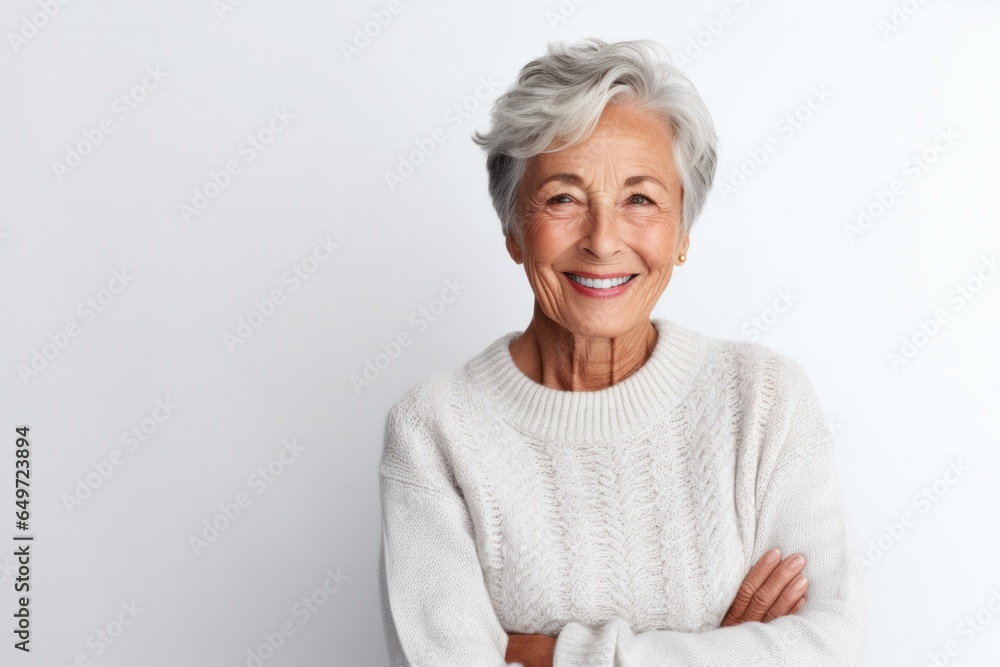 Portrait of a Israeli woman in her 90s wearing a cozy sweater against a white background Portrait of a Israeli woman in her 90s wearing a cozy sweater against a white background