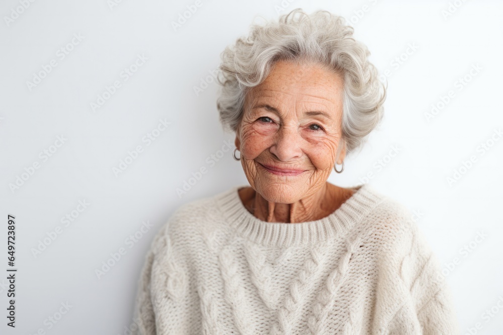 Portrait of a Israeli woman in her 90s wearing a cozy sweater against a white background Portrait of a Israeli woman in her 90s wearing a cozy sweater against a white background