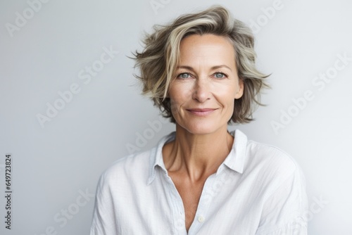 Portrait of a serious, Polish woman in her 50s wearing knee-length shorts against a white background photo