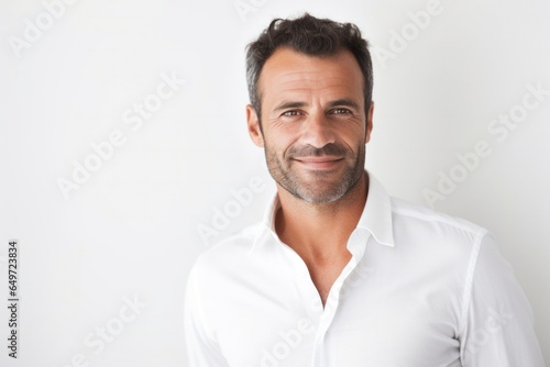 Portrait of a Israeli man in his 40s wearing a chic cardigan against a white background © Anne-Marie Albrecht