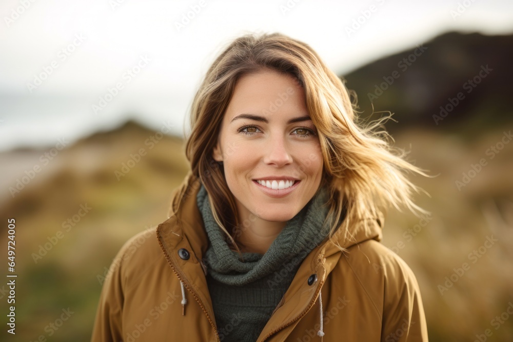 Portrait of a Polish woman in her 30s wearing a warm parka against a beach background Portrait of a Polish woman in her 30s wearing a warm parka against a beach background
