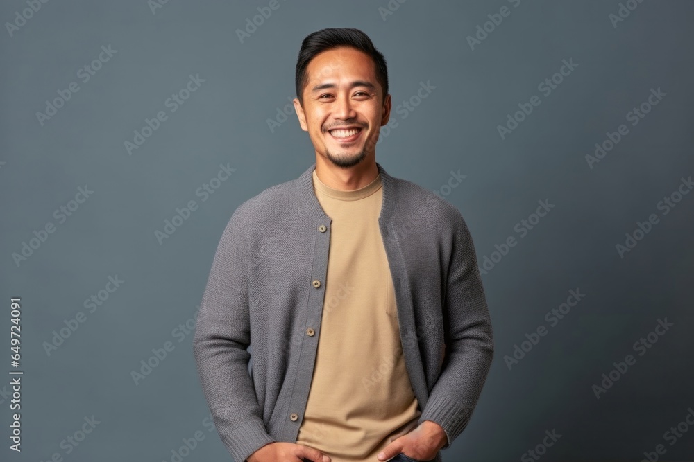 medium shot portrait of a happy Filipino man in his 30s wearing a chic cardigan against a minimalist or empty room background medium shot portrait of a happy Filipino man in his 30s wearing a chic cardigan against a minimalist or empty room background