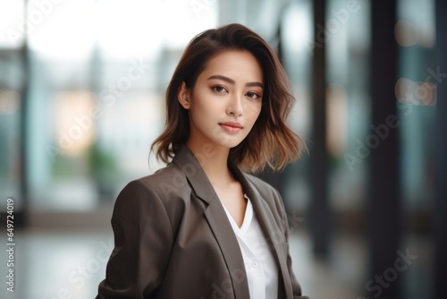 medium shot portrait of a Filipino woman in her 20s wearing a classic blazer against a modern architectural background