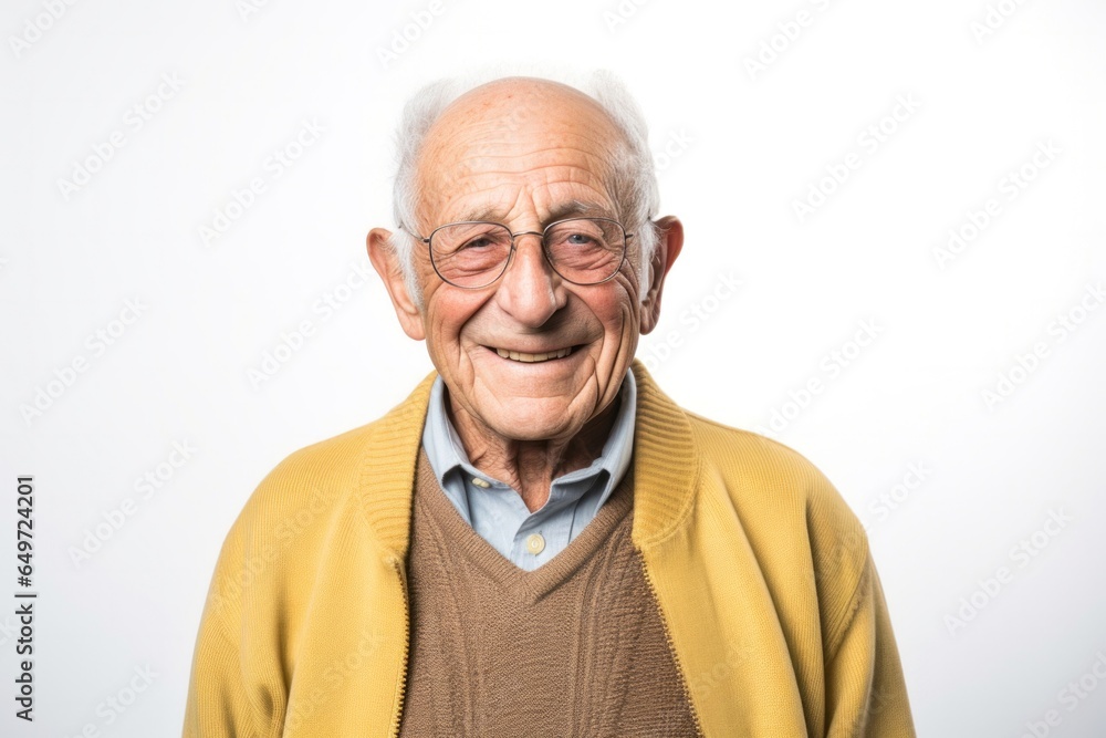 medium shot portrait of a happy Israeli man in his 90s wearing a chic cardigan against a white background medium shot portrait of a happy Israeli man in his 90s wearing a chic cardigan against a white background