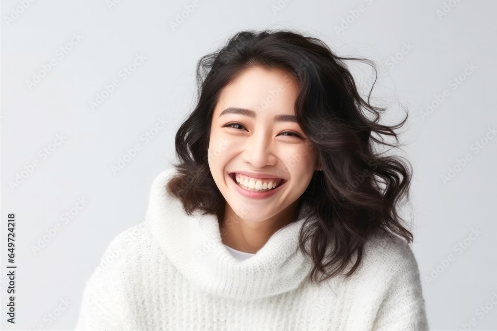 medium shot portrait of a Japanese woman in her 30s wearing a cozy sweater against a white background medium shot portrait of a Japanese woman in her 30s wearing a cozy sweater against a white background