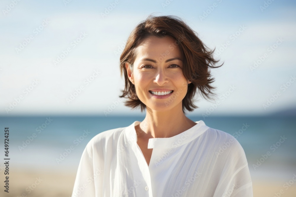 medium shot portrait of a Japanese woman in her 40s wearing a simple tunic against a beach background