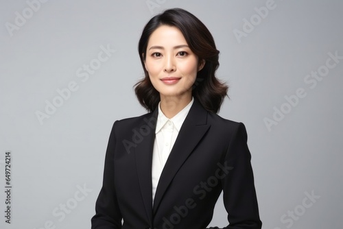 medium shot portrait of a Japanese woman in her 40s wearing a sleek suit against a white background